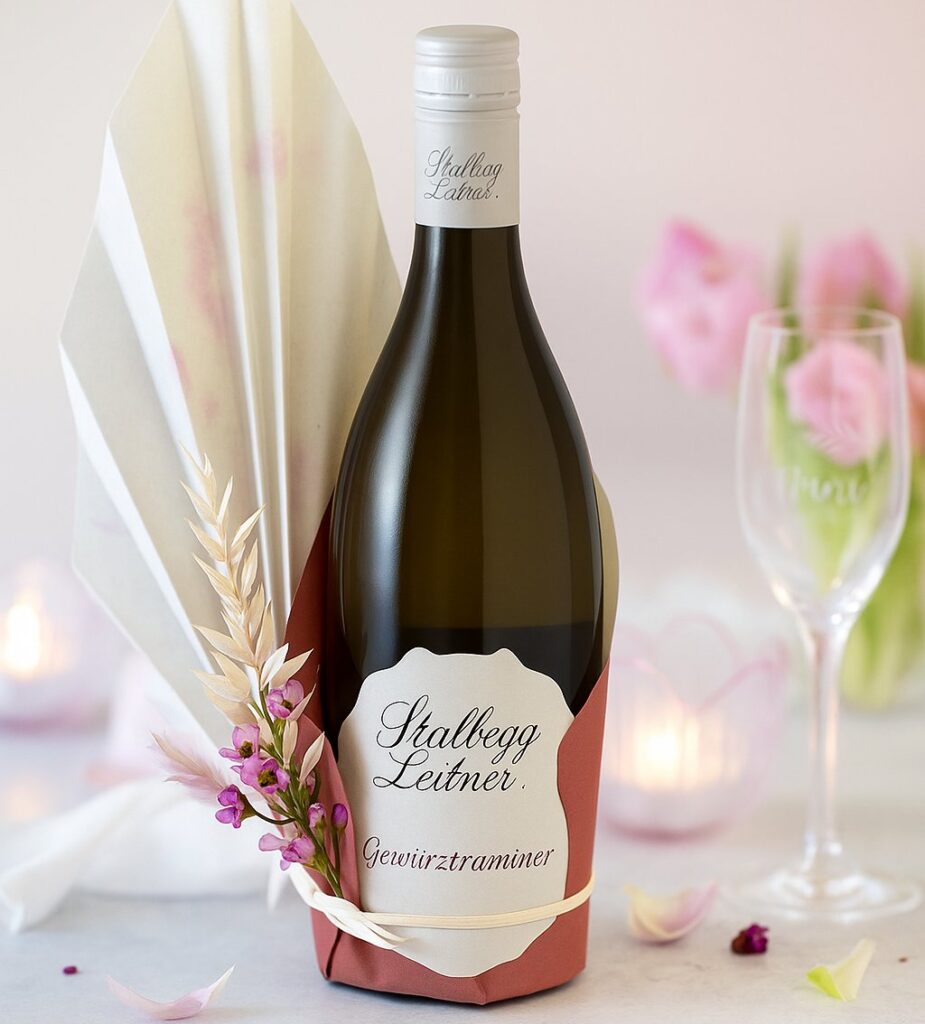 Gewuerztraminer mit Geschenkpapier als Guter Wein zum Verschenken