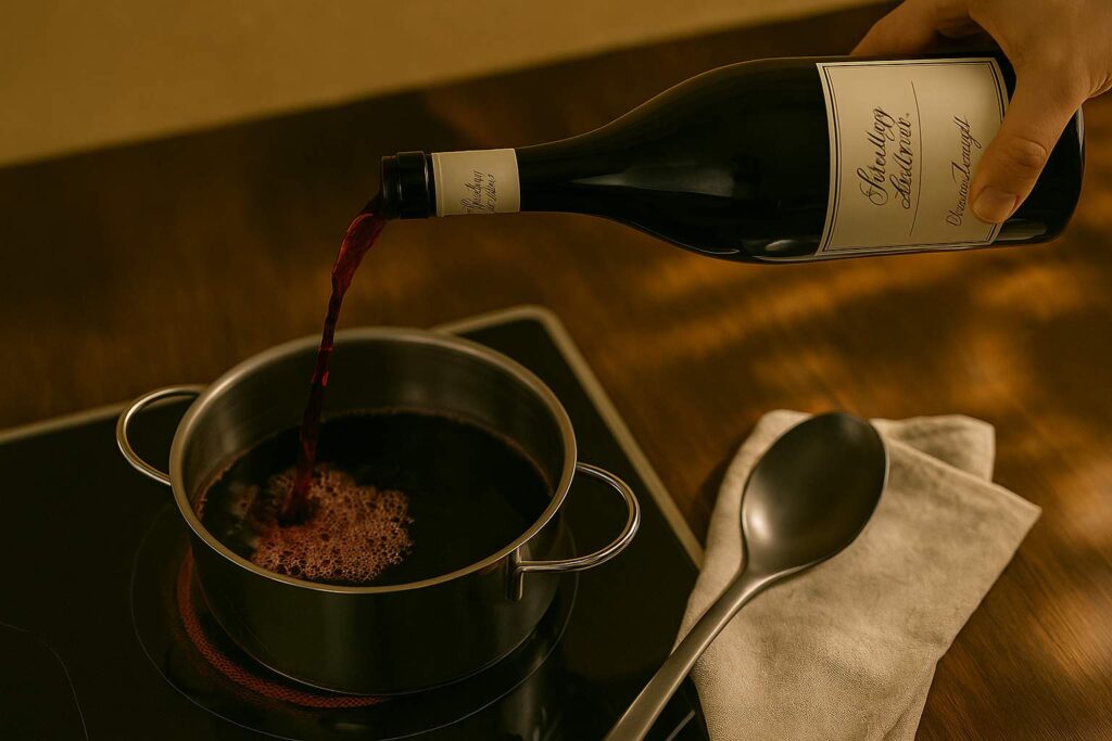 Rotwein zum Kochen in einen Kochtopf